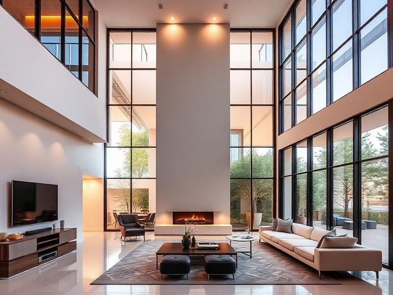 Sala ampla com pé-direito duplo e iluminação natural